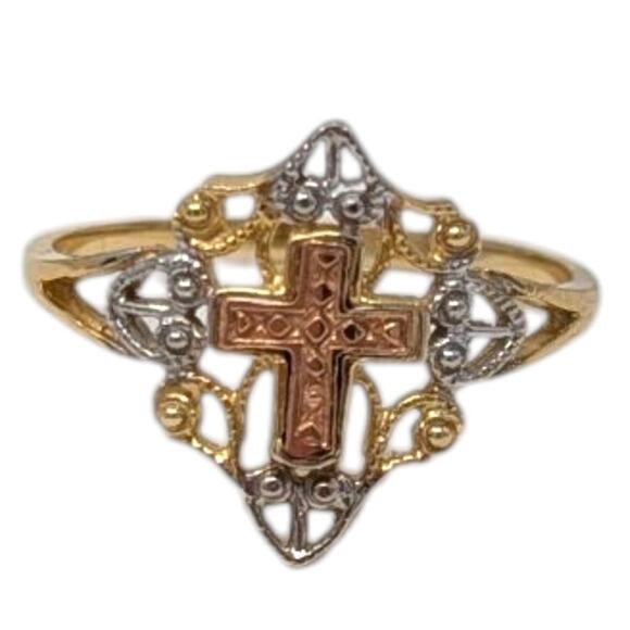 Estate 14K Tri-Color Gold Filigree Cross Ring Size 9 – 2.21g - Picture 1 of 6